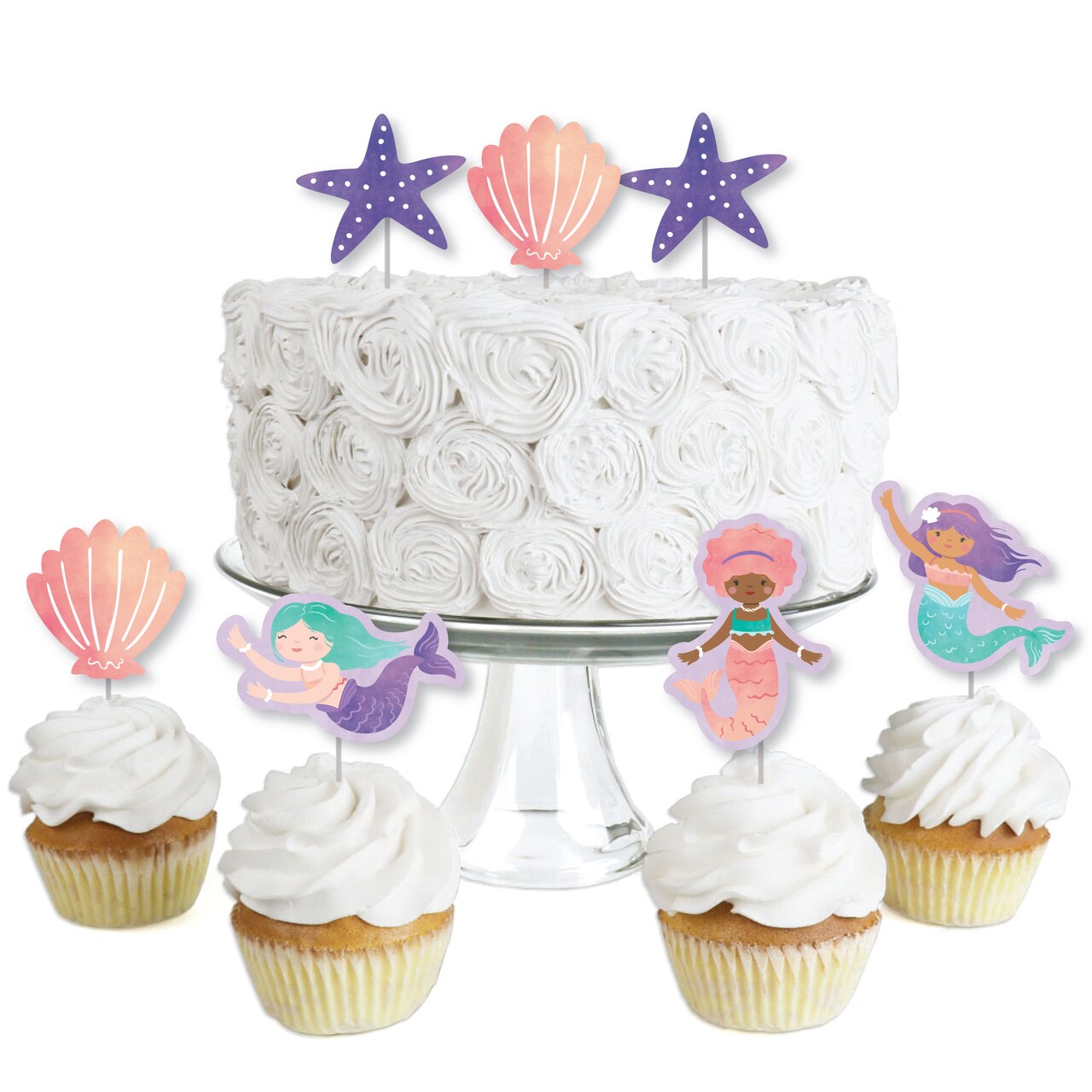 Big Dot of Happiness Mermaid Dessert Cupcake Cake Toppers, Mermaids, Starfish, and Seashell Cutout Birthday Decor with Clear Treat Picks - Set of 24